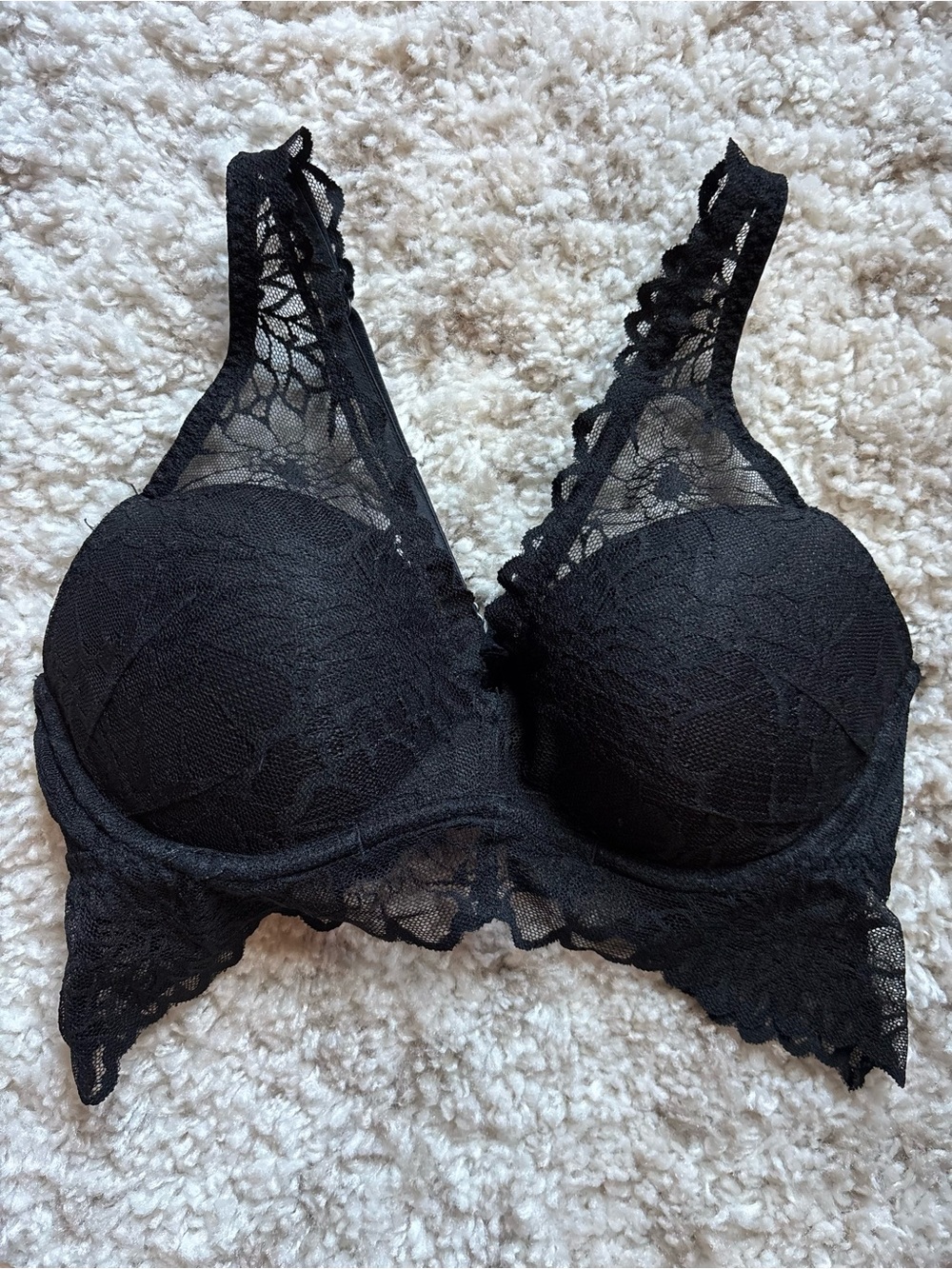 PINK Victoria’s Secret Black Lace Push-Up Longline Bra S